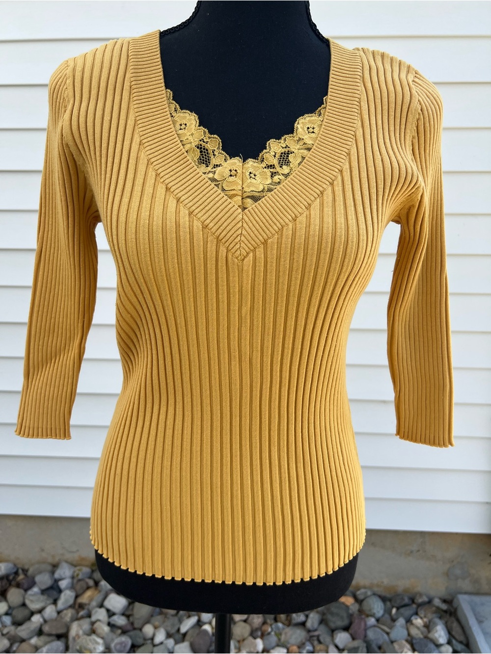 August Silk Mustard Ribbed V-Neck Sweater with Lace Inset